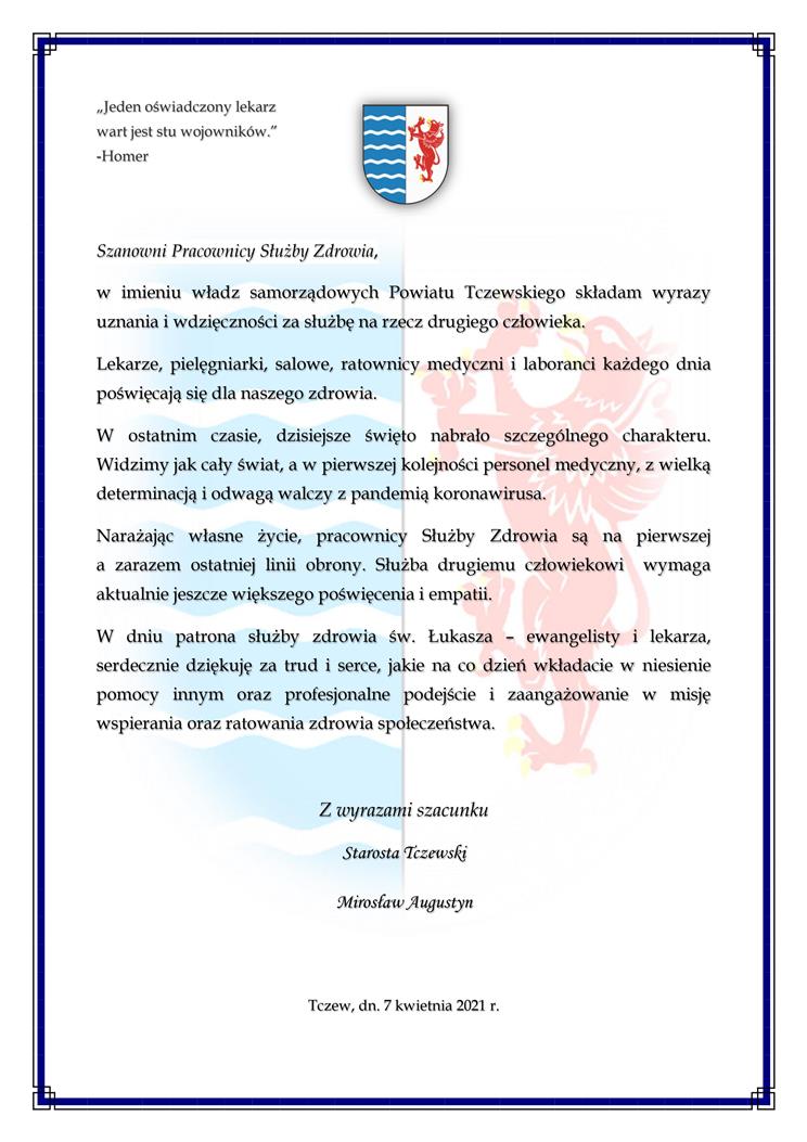 Życzenia - Dzień Pracownika Służby Zdrowia oraz Światowy Dzień Zdrowia